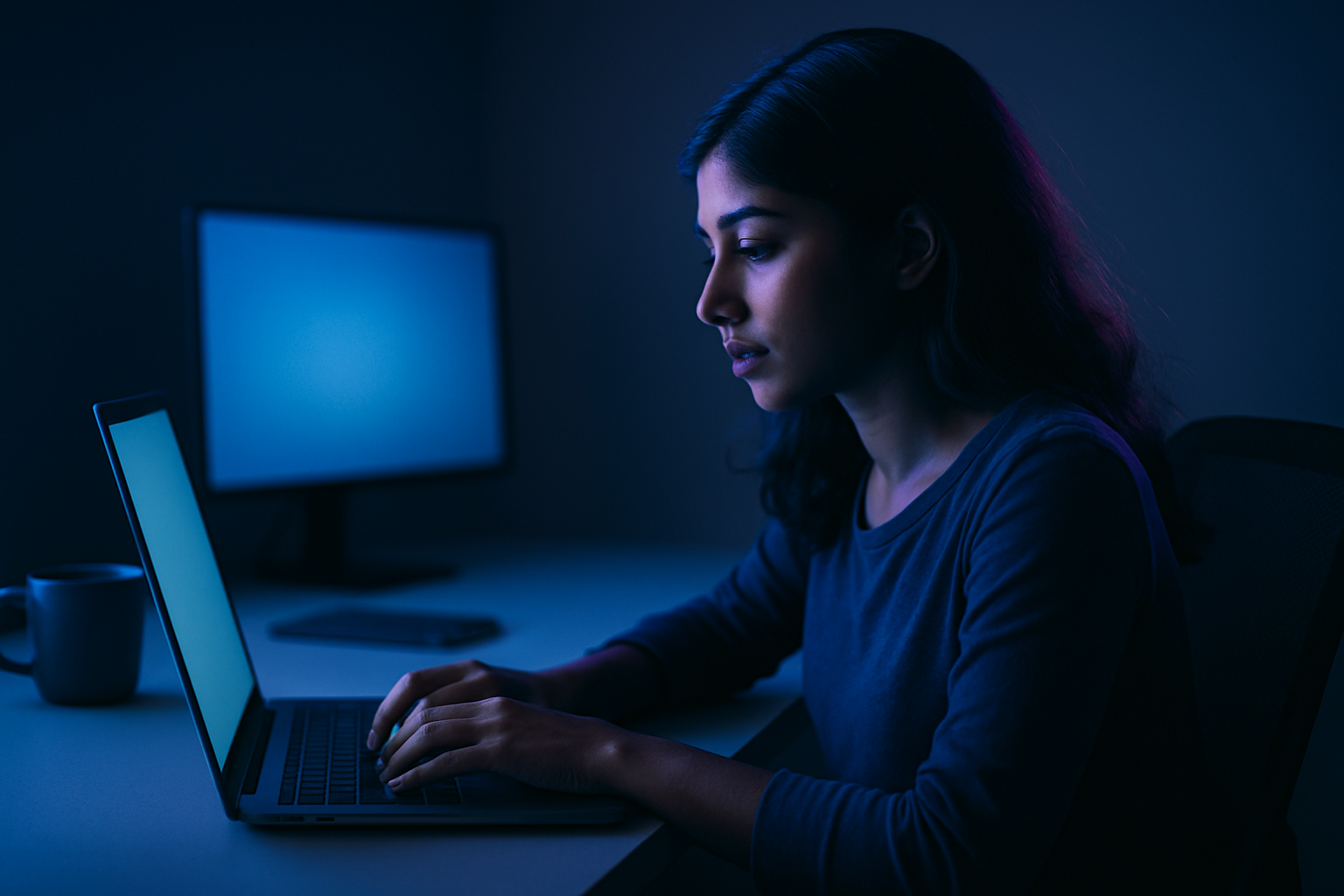 Young woman at a minimalist home desk at night typing her career goals into a laptop, second monitor glowing cool blue behind her, violet rim light on her profile