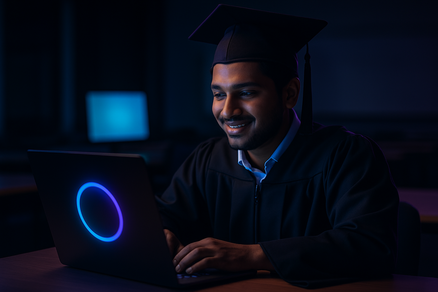 Wide view of diverse young learners working at a shared table in a minimalist co-working space at night, faces lit by cool blue and violet laptop glow, notebooks and headphones nearby, screens softly out of focus