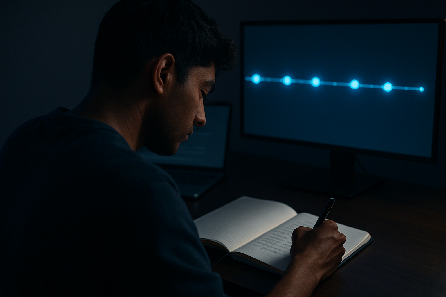 Over-the-shoulder view of a young learner with headphones around their neck working on a laptop at a minimalist home desk at night, cool blue monitor glow on their face, soft violet rim light, an open notebook with handwritten plans beside them, second monitor softly out of focus