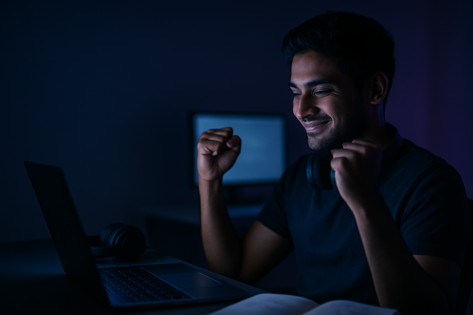 A determined learner in their 20s raises both fists in quiet celebration at a minimalist home desk at night, laptop glowing cool blue with a soft violet rim light, screen softly out of focus, headphones and an open notebook beside them