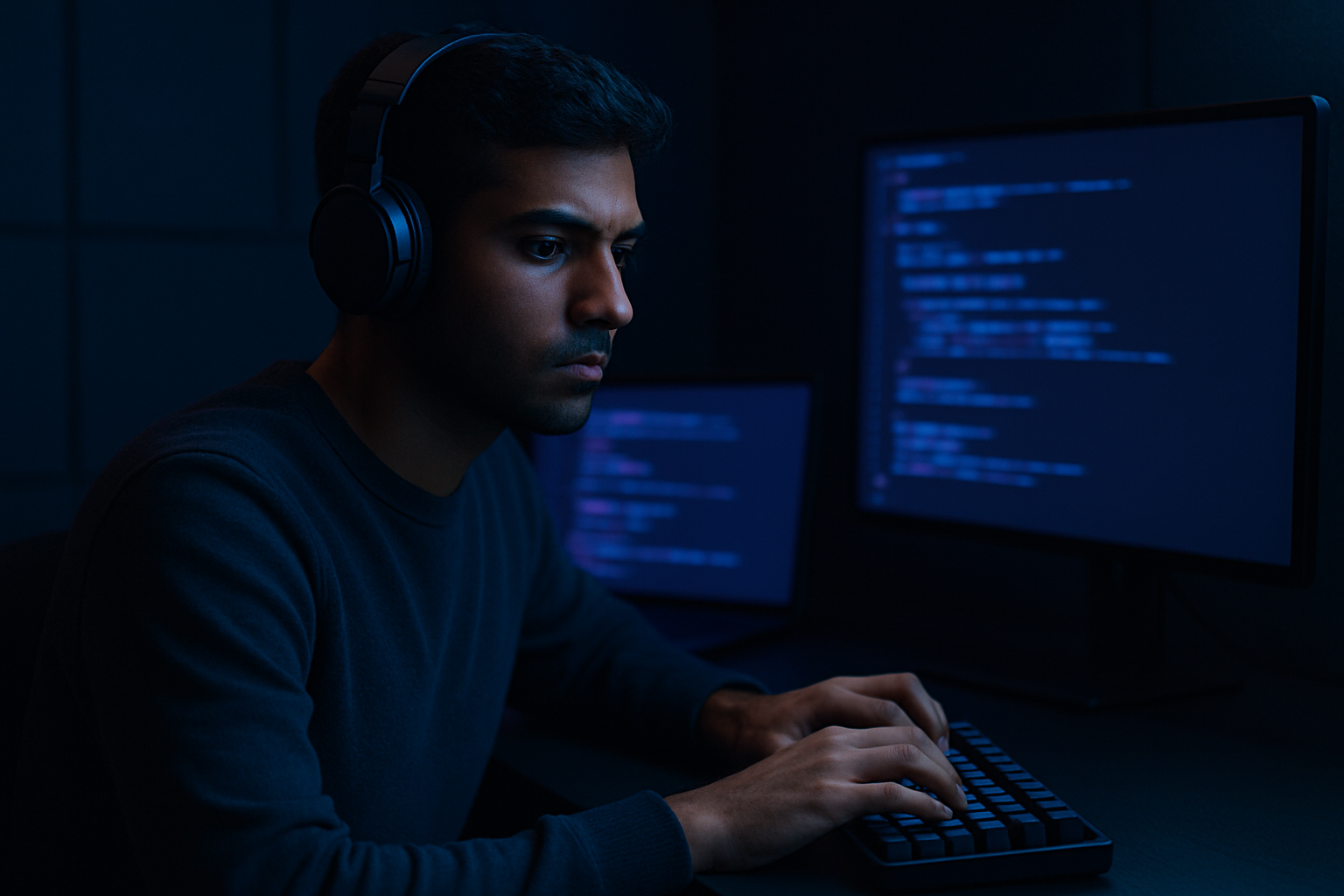 A focused young professional in a minimalist room at night reviews a handwritten plan in an open notebook beside a laptop, face lit by cool blue monitor glow with a soft violet rim light, screen softly out of focus
